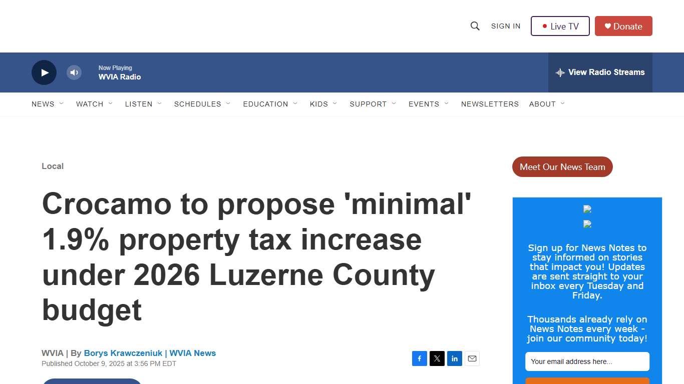 Crocamo to propose 'minimal' 1.9% property tax increase under 2026 Luzerne County budget